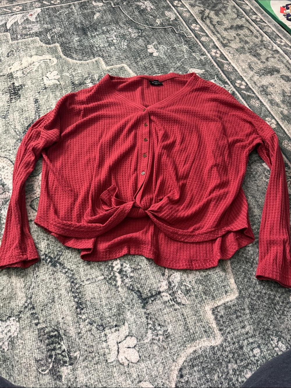 Anna Red Knit Button-Front Twist Hem Long Sleeve Top